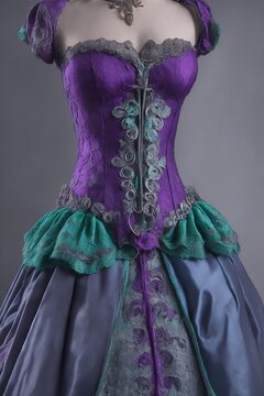 IA generativa Primer plano de un vestido en maniqu&iacute; con esquema de colores morado y verde y cors&eacute; azul