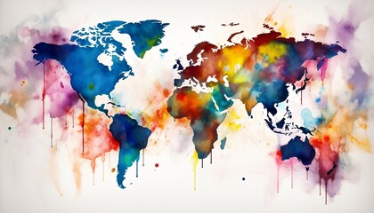 abstract watercolor background with world map splashes