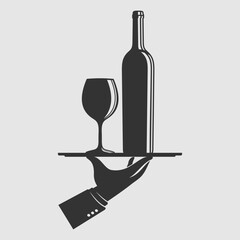 Waiter hand holding tray with wine bottle and wine glass. Vector illustration