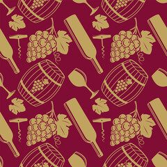 Wine House seamless pattern with wine bottles, wine barrels and wine glasses. Vector illustration