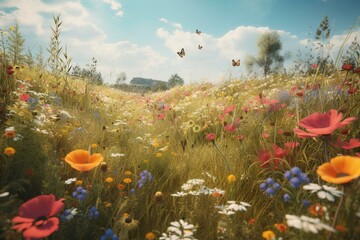 Floral painting of a wildflower meadow, perfect for cover templates, featuring butterflies and a summer landscape. Generative AI