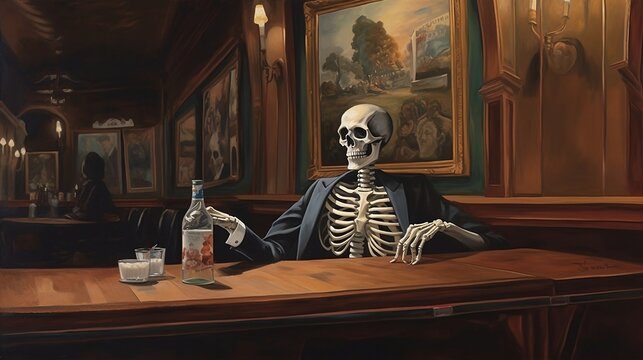 skeleton in an old bar, saloon. bones skeleton funny, drinking in a pub.