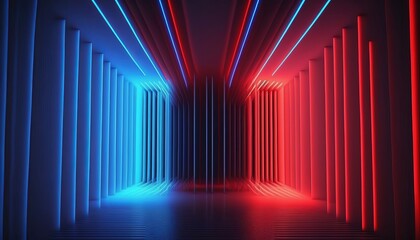 Photo of a colorful room illuminated with red and blue neon lights
