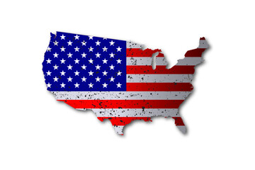 Map of the USA with the national flag of United States of America. Grunge texture and shadow.