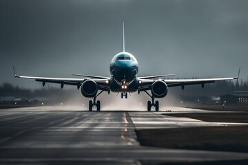 Fototapeta na wymiar Airplane on the runway in the fog at sunrise. Travel concept Generative ai
