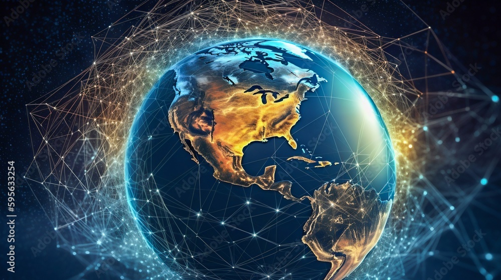 Poster global world network and telecommunication on earth. communication technology for internet business.