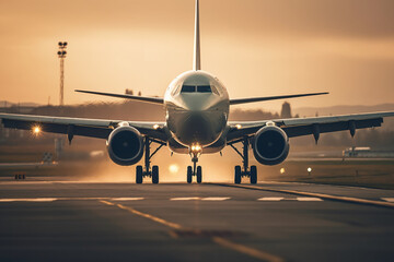Naklejka premium Airplane on the runway in the fog at sunrise. Travel concept Generative ai