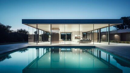 Modern house architecture with glass walls and swimming pool. Generative AI
