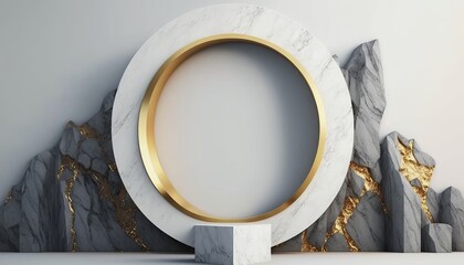Obraz na płótnie Canvas 3d display podium, abstract white background with golden ring, round frame integrated into chalk rock stone, aesthetic minimalist wallpaper 