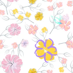 Behang Pink Flowers Blooming Pattern. Pastel Watercolor. © Сашка Шаргаева