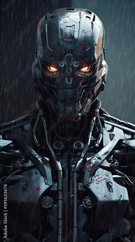 Poster robot portrait in the rain. generative ai