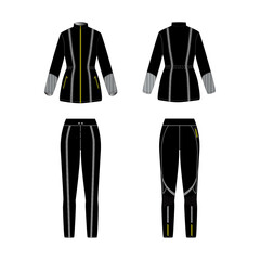 Womens black running set technical CAD mockup, fashion illustration running jacket and pants template, front and back view, darkness reflexes