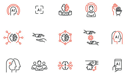 Vector Set of Linear Icons Related to Artificial Intelligence and Neural Network. Human Interactive Tech Interaction. Mono Line Pictograms and Infographics Design Elements