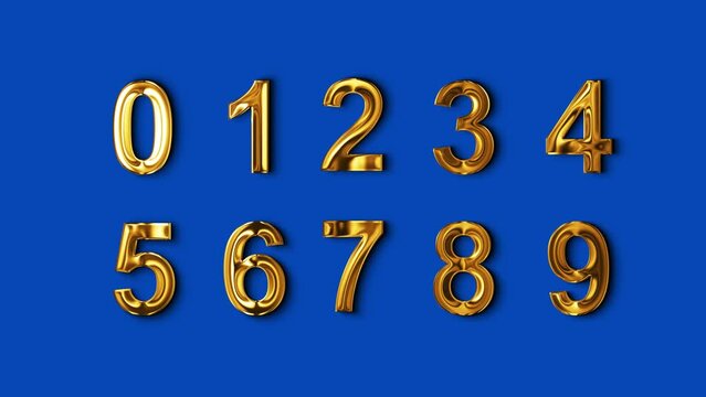 3d golden metallic numbers set on blue screen, luxury shiny and glowing letters, design element 4k loop animation 