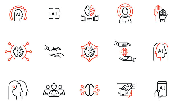Vector Set of Linear Icons Related to Artificial Intelligence and Neural Network. Human Interactive Tech Interaction. Mono Line Pictograms and Infographics Design Elements
