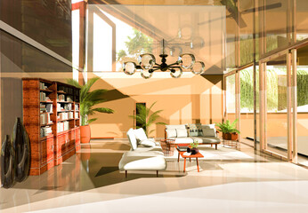 Light toned luxury country house living room interior with abundant ornamental and plant elements. Interior design and decorative art. Maximalist style. 3d render.