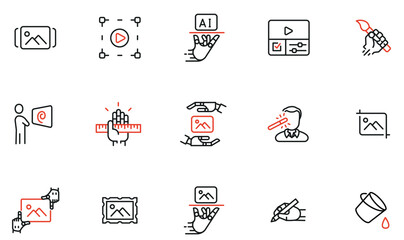 Vector Set of Linear Icons Related to Artificial Intelligence and Neural Network. Image and Video Generation. Mono Line Pictograms and Infographics Design Elements