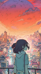Fototapeta premium Futuristic Anime Girl in an Asian Metropolis