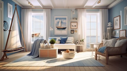 Fototapeta premium Nautical interior design room with beautiful lightning generative ai