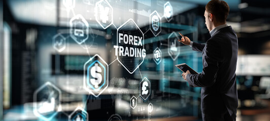 Businessman touching finger on the virtual screen and selecting Forex Trading