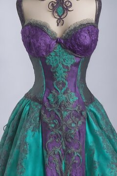 IA generativa Vestido verde y morado en maniqu&iacute; con detalles enormes, cors&eacute;s y esquema de colores azul y morado