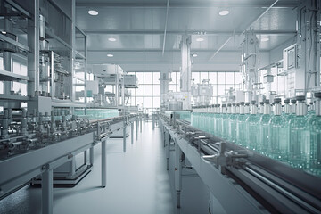 A pharmaceutical manufacturing and bottling factory in a bright laboratory environment