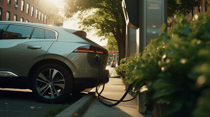 Electrically Hybrid Car in the City of New York charging in the golden hour with beautiful sun AI