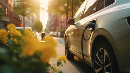 Electrically Hybrid Car in the City of New York charging in the golden hour with beautiful sun AI