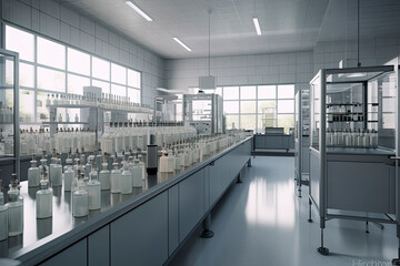 A pharmaceutical manufacturing and bottling factory in a bright laboratory environment