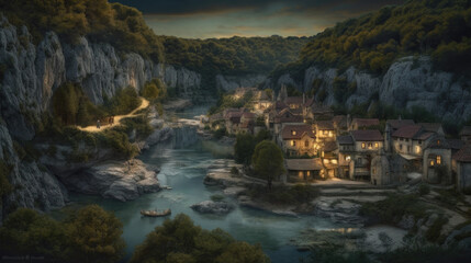 Fototapeta na wymiar Image of a village in a gorge at night. Generative AI