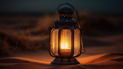 Lantern lit up in the desert at night. Generative AI