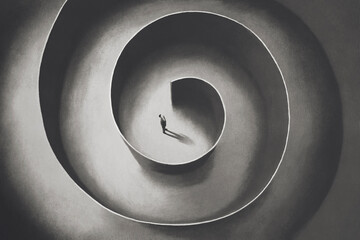 Illustration of man lost in a circular maze, surreal abstract concept - 595634869