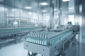 A pharmaceutical manufacturing and bottling factory in a bright laboratory environment - obrazy, fototapety, plakaty
