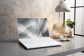 A white laptop screen on a glossy table with accessories against a light wall. 3D rendered mock-up. Generative AI