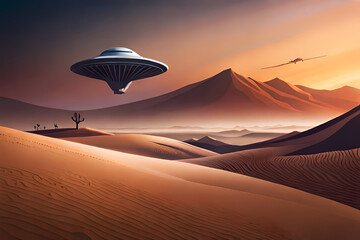 Fototapeta na wymiar An image of a desert landscape with a UFO or extraterrestrial theme