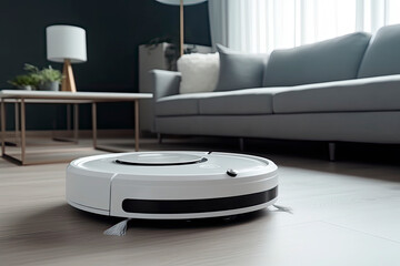 A robotic vacuum cleaner is moving around indoors, cleaning the home on a sunny day