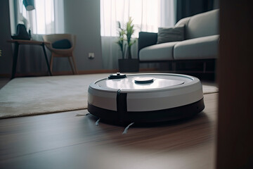 A robotic vacuum cleaner is moving around indoors, cleaning the home on a sunny day