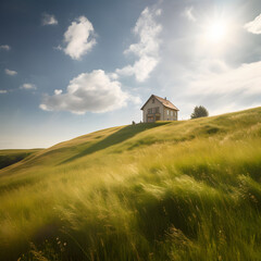 Fototapeta na wymiar peaceful house situated on a hillside surrounded by hills and grass on a partly cloudy day