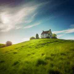 peaceful house situated on a hillside surrounded by hills and grass on a partly cloudy day