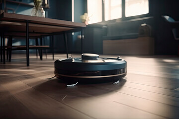 A robotic vacuum cleaner is moving around indoors, cleaning the home on a sunny day