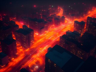 city in the night with neon cars light, zoom out