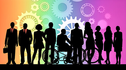 Silhouettes of an inclusive business group were captured in a rainbow - generative ai.