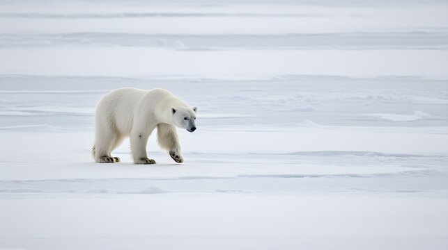 A solitar polar bear roaming in the vast expanse of the arctic