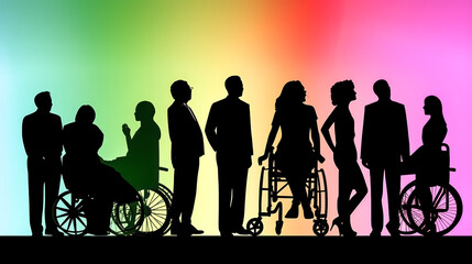 Fototapeta premium The group of silhouettes was depicted in a rainbow and created by a generative AI. - Generative AI \n