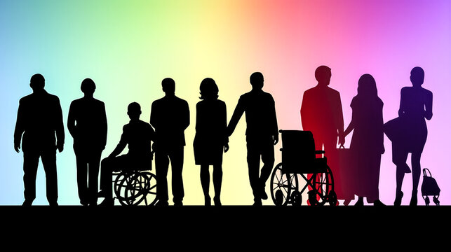 Silhouettes of an inclusive business group in a rainbow were captured in a png file. - Generative AI