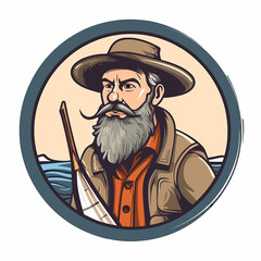 The figure of a fishing boat captain. Captain ferryman. The man with the beard. Cartoon vector illustration. label, sticker, t-shirt printing
