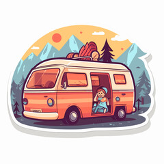A caravan going on holiday. Summer adventures and camping. Family trip. Cartoon vector illustration. label, sticker, t-shirt printing