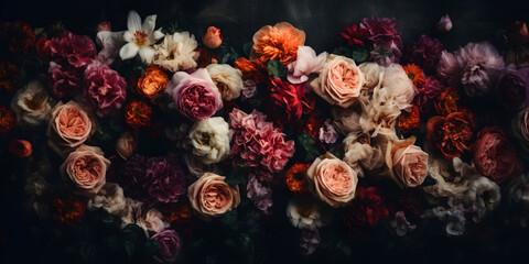 Obraz na płótnie Canvas Dark moody floral roses peonies flowers background