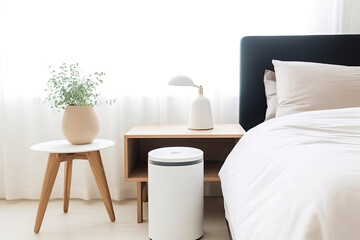 Fototapeta na wymiar Air purifier in cozy white bedroom