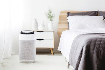 Air purifier in cozy white bedroom